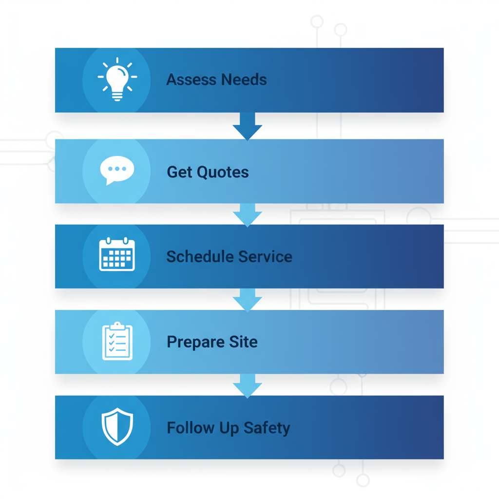 Vertical process flow diagram of five steps to arrange electrical services in Rolling Hills, featuring icons for assessment, quotes, scheduling, preparation, and safety follow-up