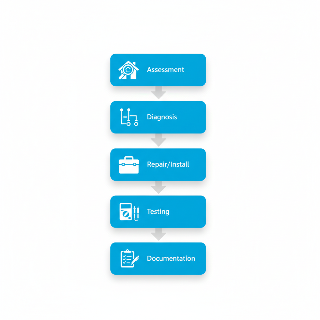 Vertical process flow diagram illustrating the five stages of comprehensive electrical services: assessment, diagnosis, repair or installation, testing, and documentation with relevant icons.
