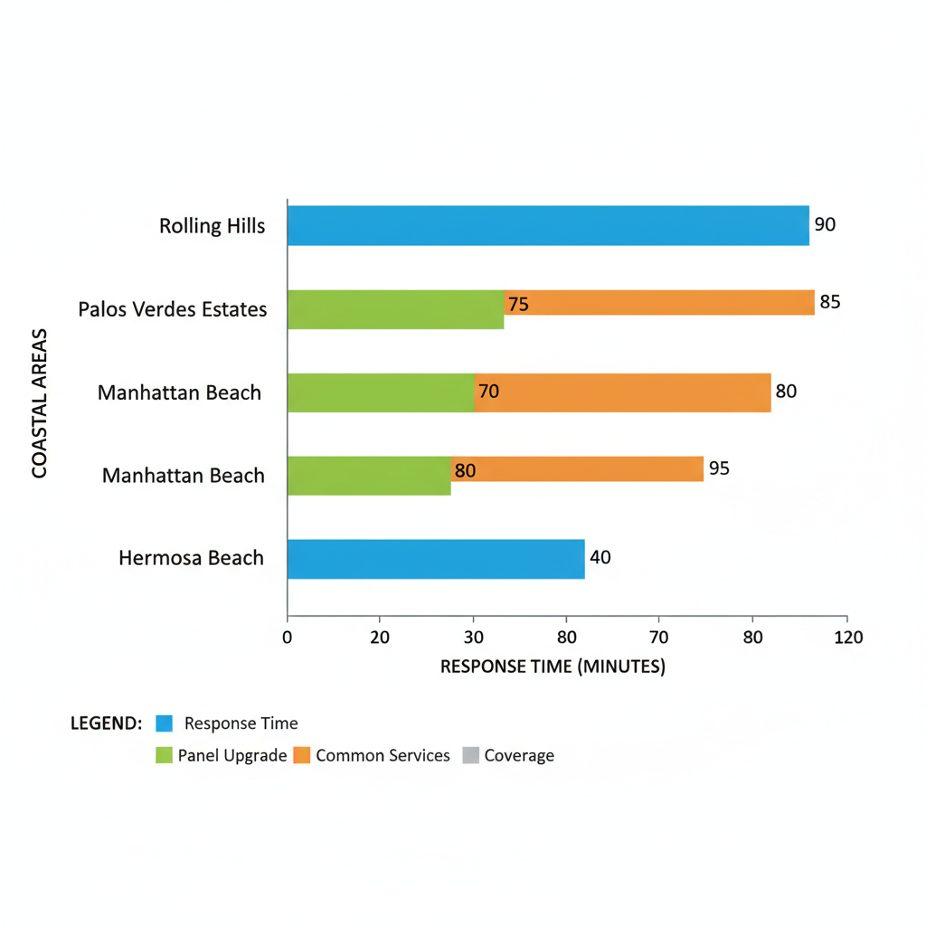 Horizontal bar chart comparing electrical service metrics including response time, panel upgrades, common services, and coverage across four coastal areas