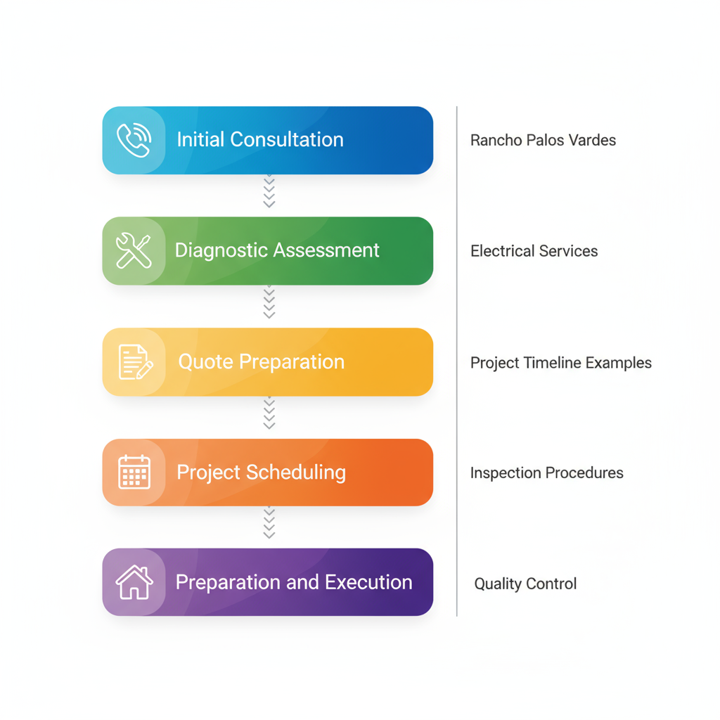Vertical process flow diagram showing five steps for initiating electrical projects: consultation, assessment, quote, scheduling, and execution.