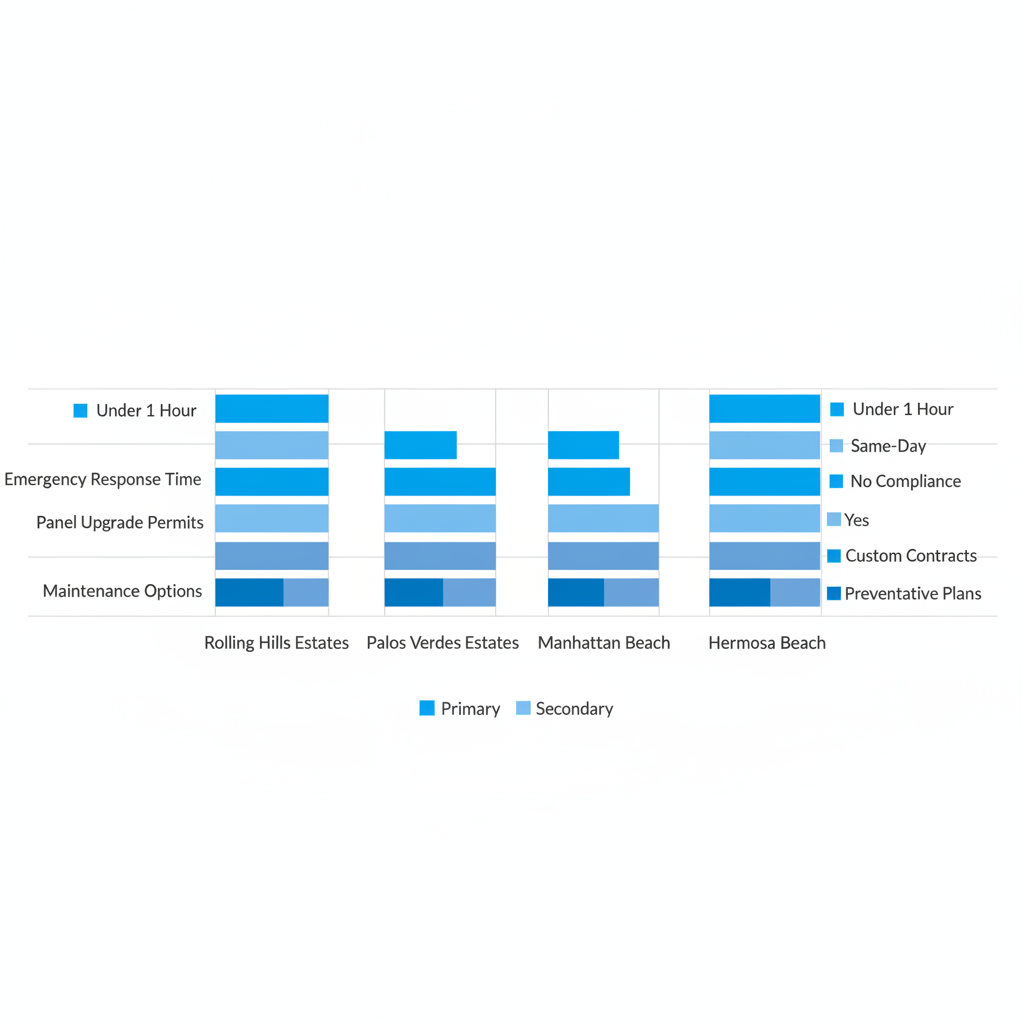 Horizontal bar chart comparing electrical service metrics like response times, permits, and maintenance across Rolling Hills and neighboring areas