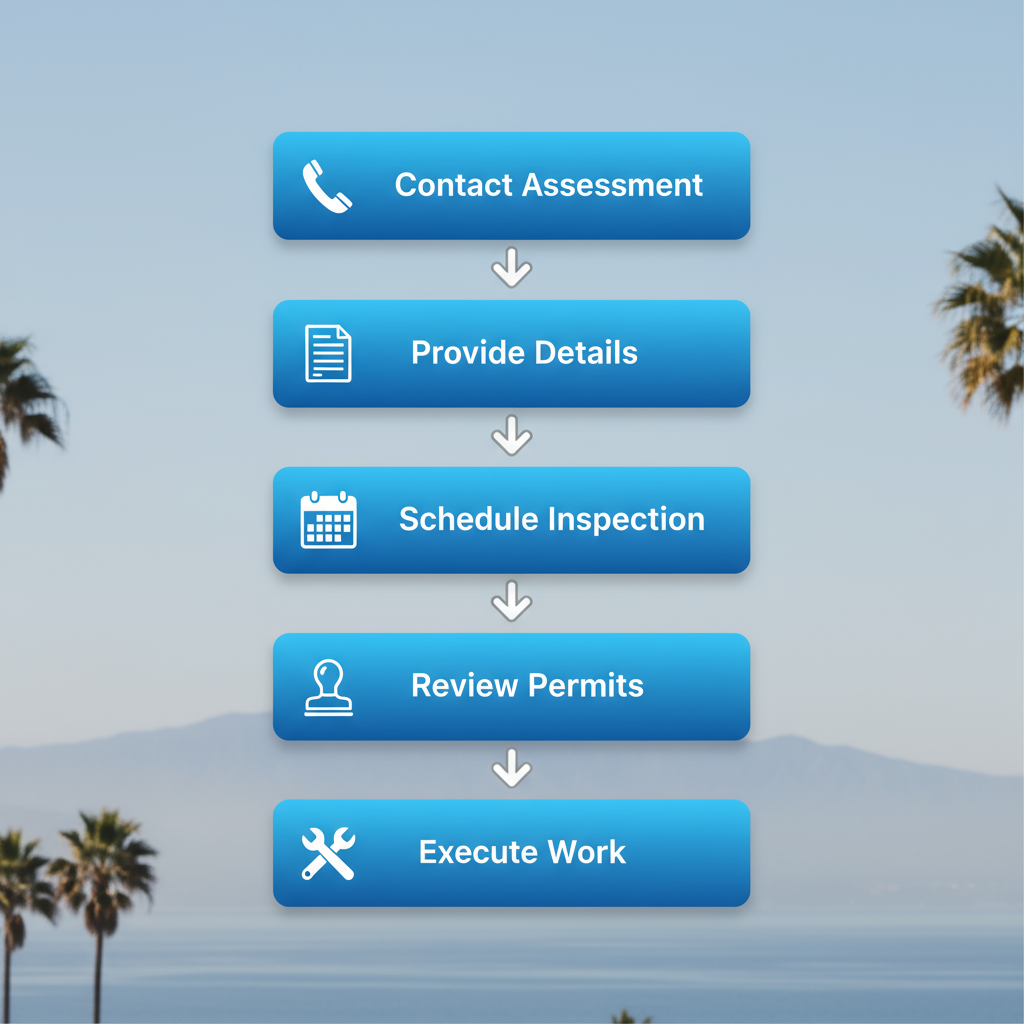 Vertical process flow diagram illustrating the five steps to engage commercial electrical services with icons and minimal labels