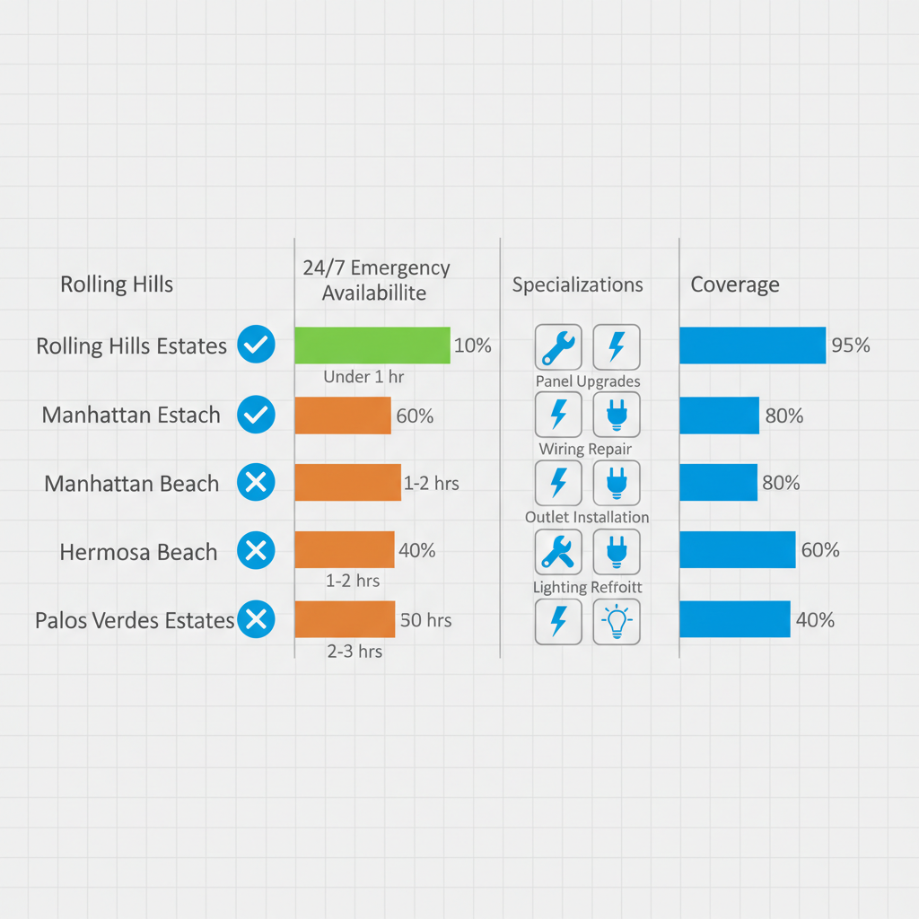 Bar chart comparing electrical service coverage, emergency availability, response times, and specializations across five coastal California areas