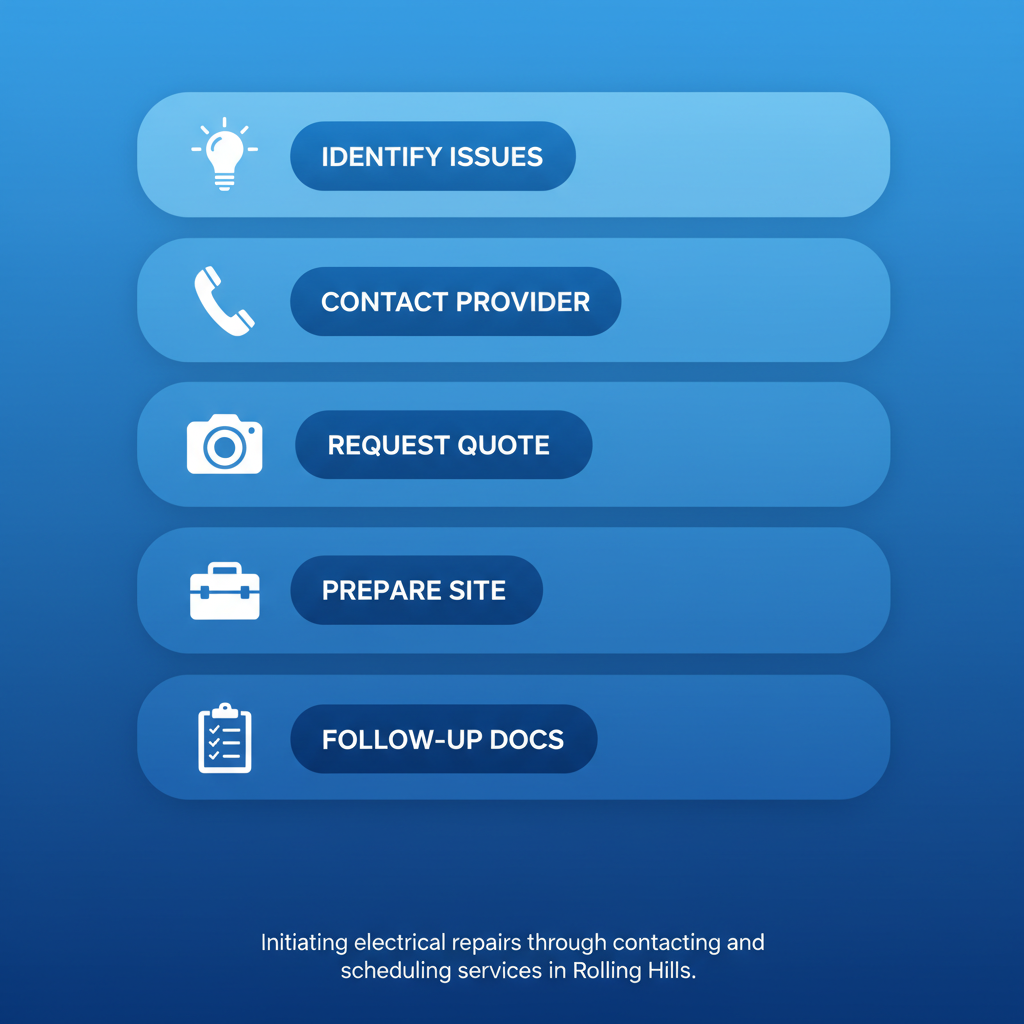 Vertical process flow diagram showing five steps to initiate electrical repairs in Rolling Hills