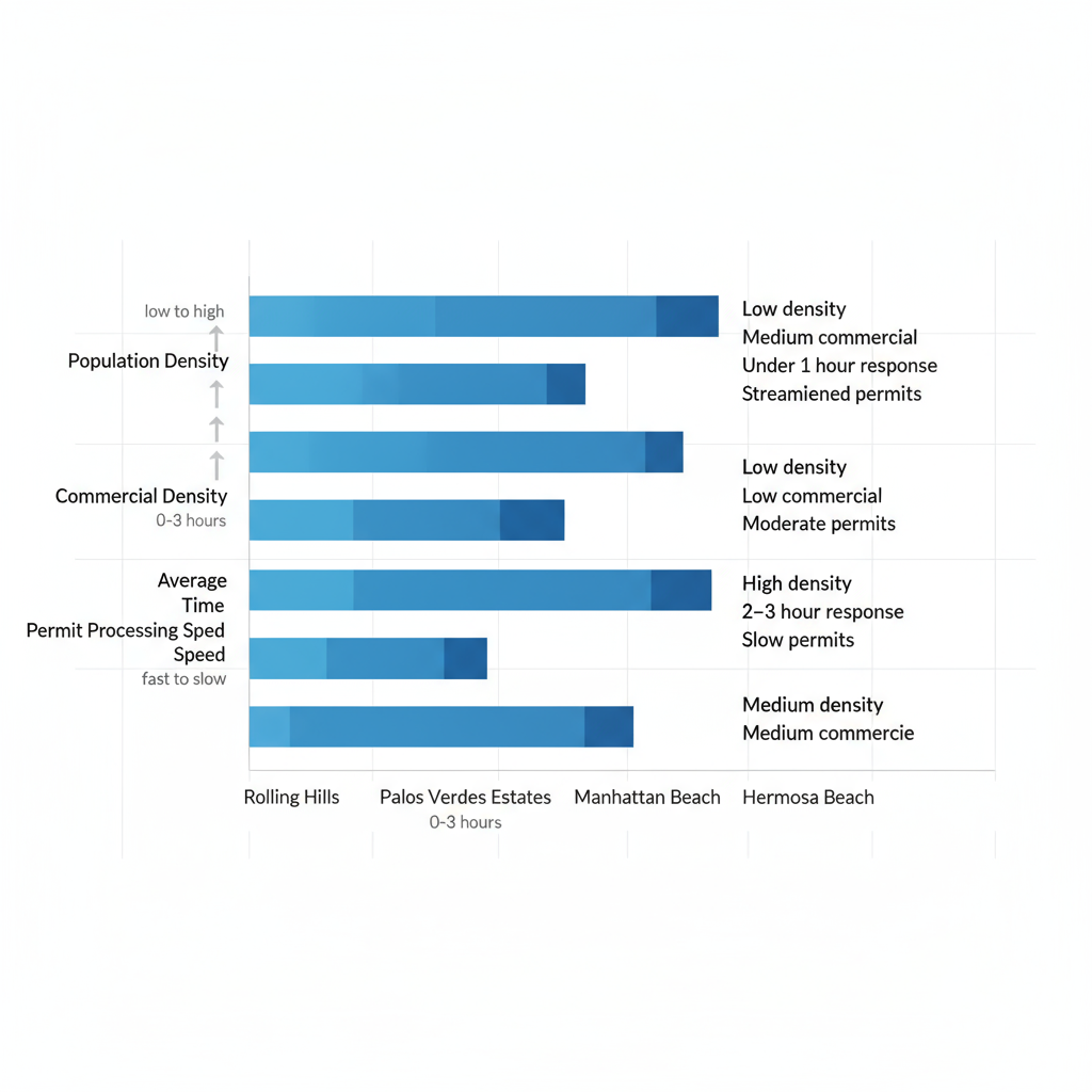 Horizontal bar chart comparing electrical service metrics including density and response times across Rolling Hills and nearby areas