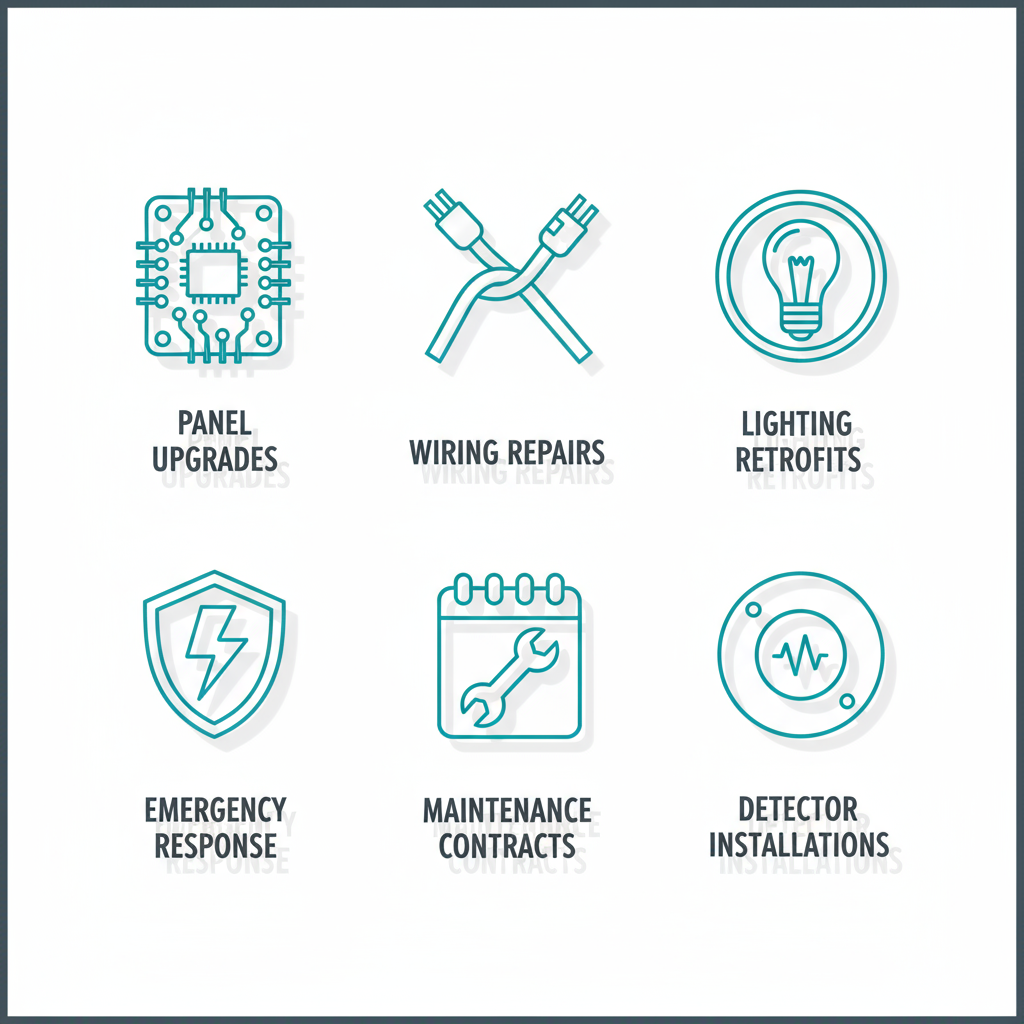 Grid of icons depicting commercial electrical services including panel upgrades, wiring repairs, lighting retrofits, emergency response, maintenance contracts, and detector installations