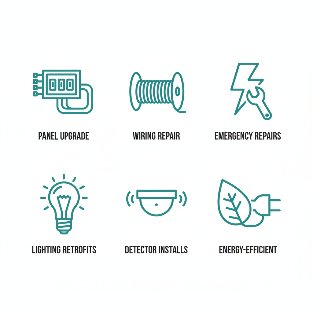 Grid of icons depicting electrical services: panel upgrade, wiring repair, emergency repairs, lighting retrofits, detector installations, and energy-efficient options