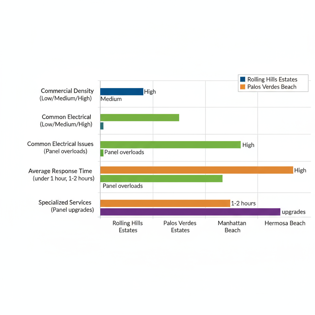 Horizontal bar chart comparing commercial density, common electrical issues, average response times, and specialized services across Rolling Hills Estates, Palos Verdes Estates, Manhattan Beach, and Hermosa Beach communities.