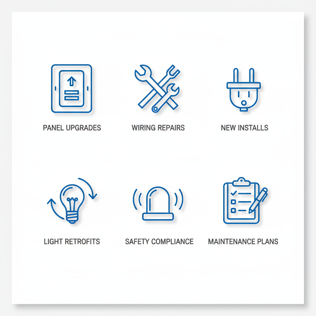 Grid of icons depicting electrical panel upgrades, wiring repairs, outlet installations, lighting retrofits, smoke detectors, emergency services, and maintenance contracts