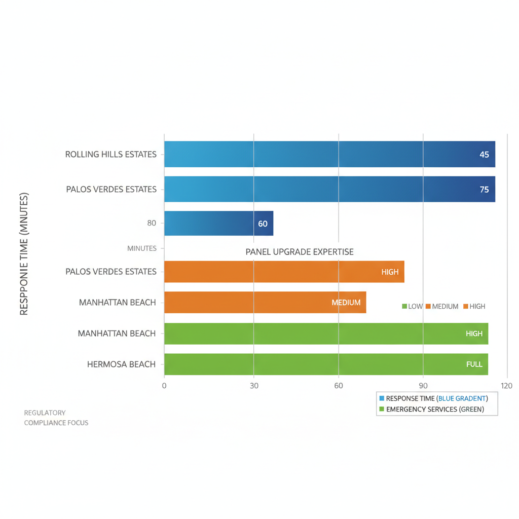 Horizontal bar chart comparing electrical response times, panel upgrade expertise, and emergency services availability across four coastal areas: Rolling Hills Estates, Palos Verdes Estates, Manhattan Beach, and Hermosa Beach