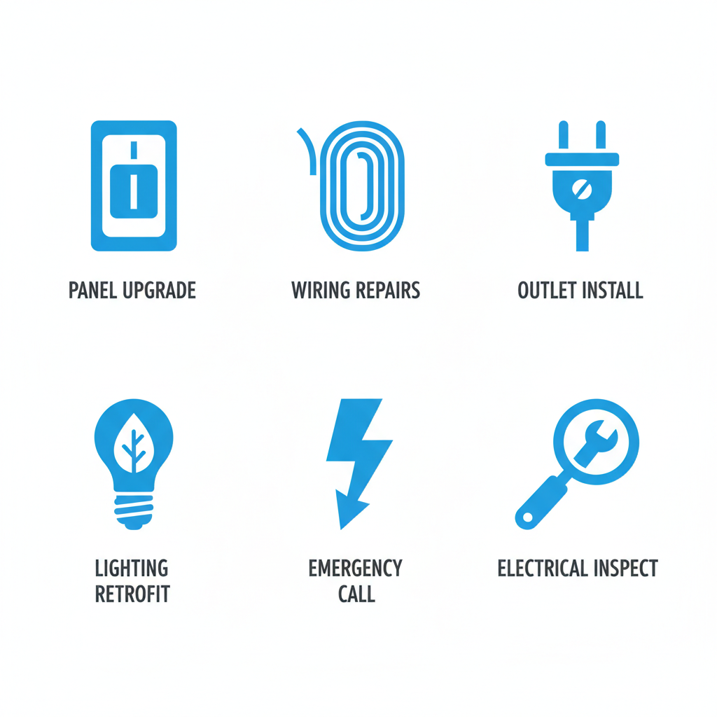 Grid of icons depicting key electrical services: panel upgrade, wiring repairs, outlet installation, lighting retrofits, emergency troubleshooting, and inspections