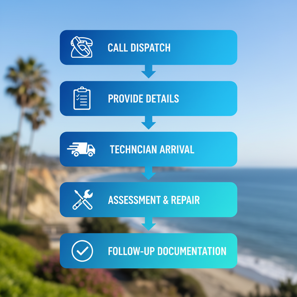 Vertical process flow diagram illustrating five steps to schedule emergency electrical service: call dispatch, provide details, technician arrival, assessment and repair, follow-up documentation