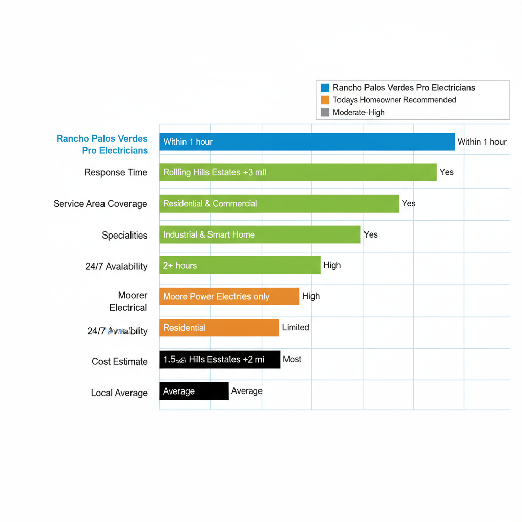 Horizontal bar chart comparing key attributes of emergency electrician providers in Rolling Hills Estates including response time, coverage, specialties, availability, and cost estimates
