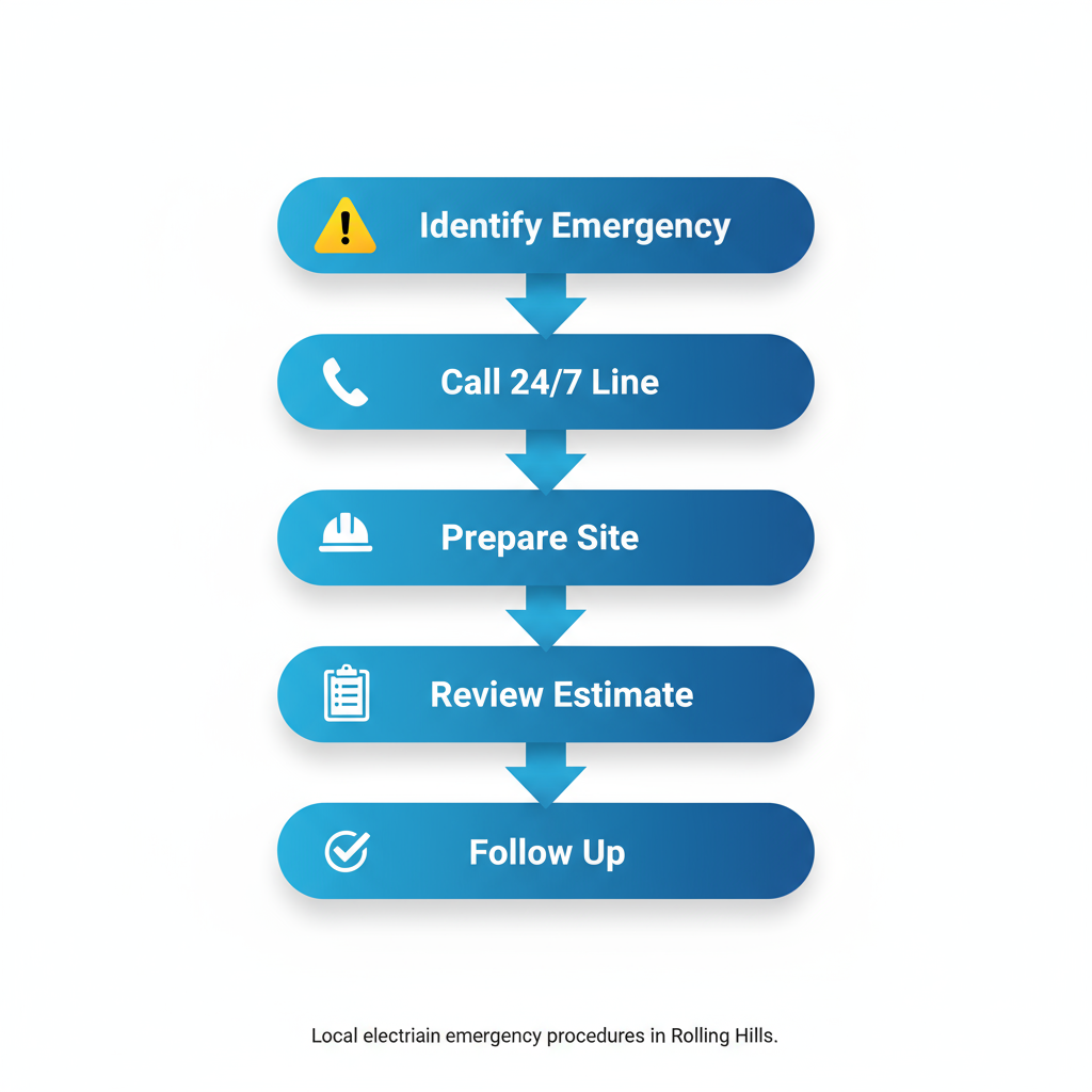 Vertical process flow diagram illustrating five steps to secure emergency electrical help with icons and arrows