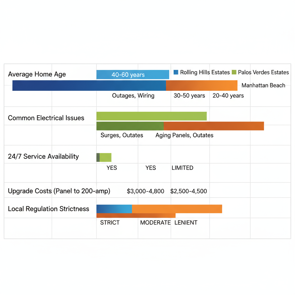Horizontal bar chart comparing electrical infrastructure aspects across Rolling Hills Estates, Palos Verdes Estates, and Manhattan Beach