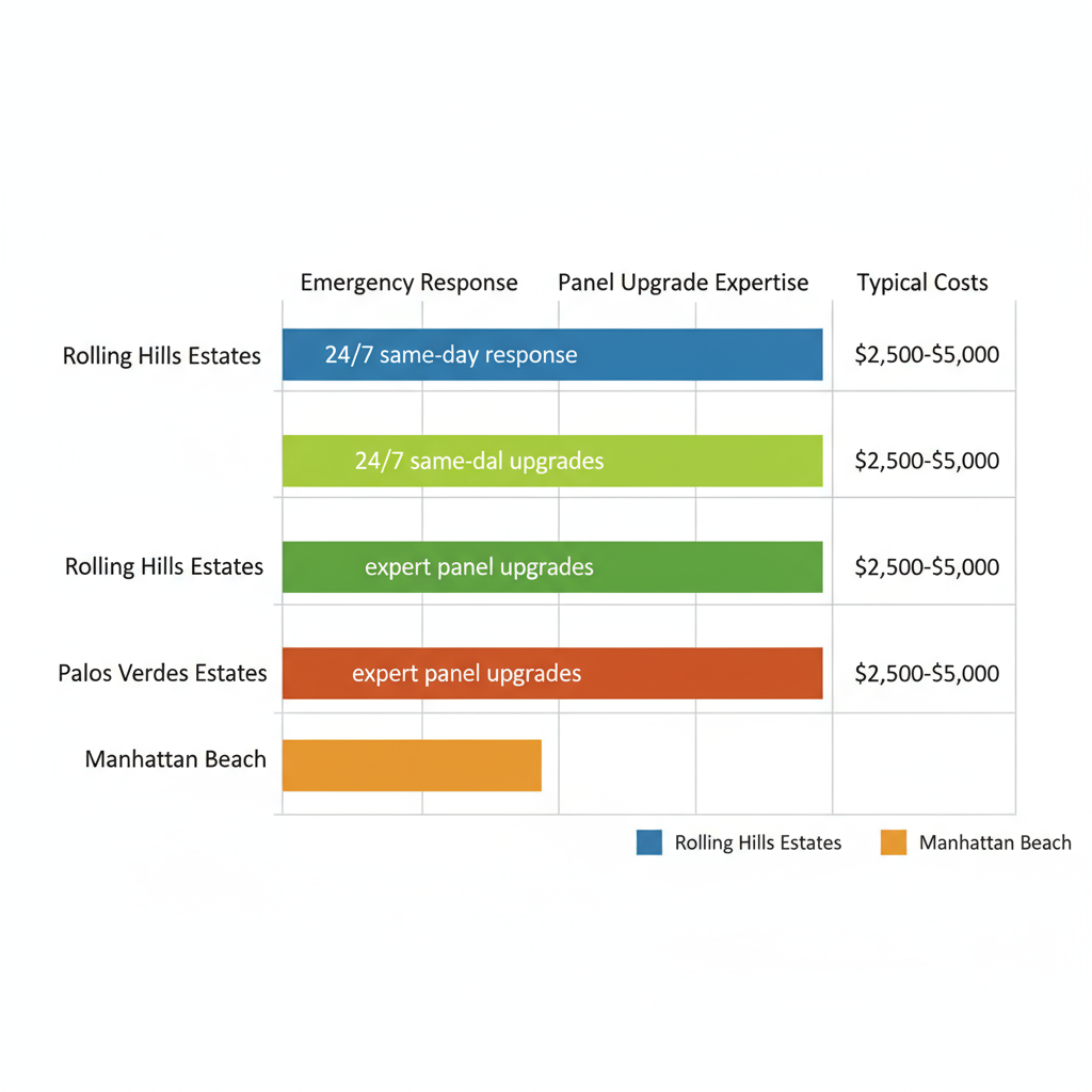 Horizontal bar chart comparing electrical services in South Bay areas including response times, expertise, and costs.