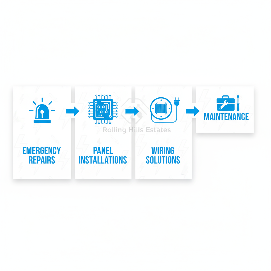 Infographic illustrating four key electrical services: emergency repairs, panel installations, wiring solutions, and maintenance with icons and minimal labels