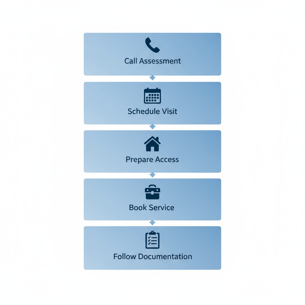 Vertical process flow diagram illustrating five steps to hire a local electrician with icons and minimal labels
