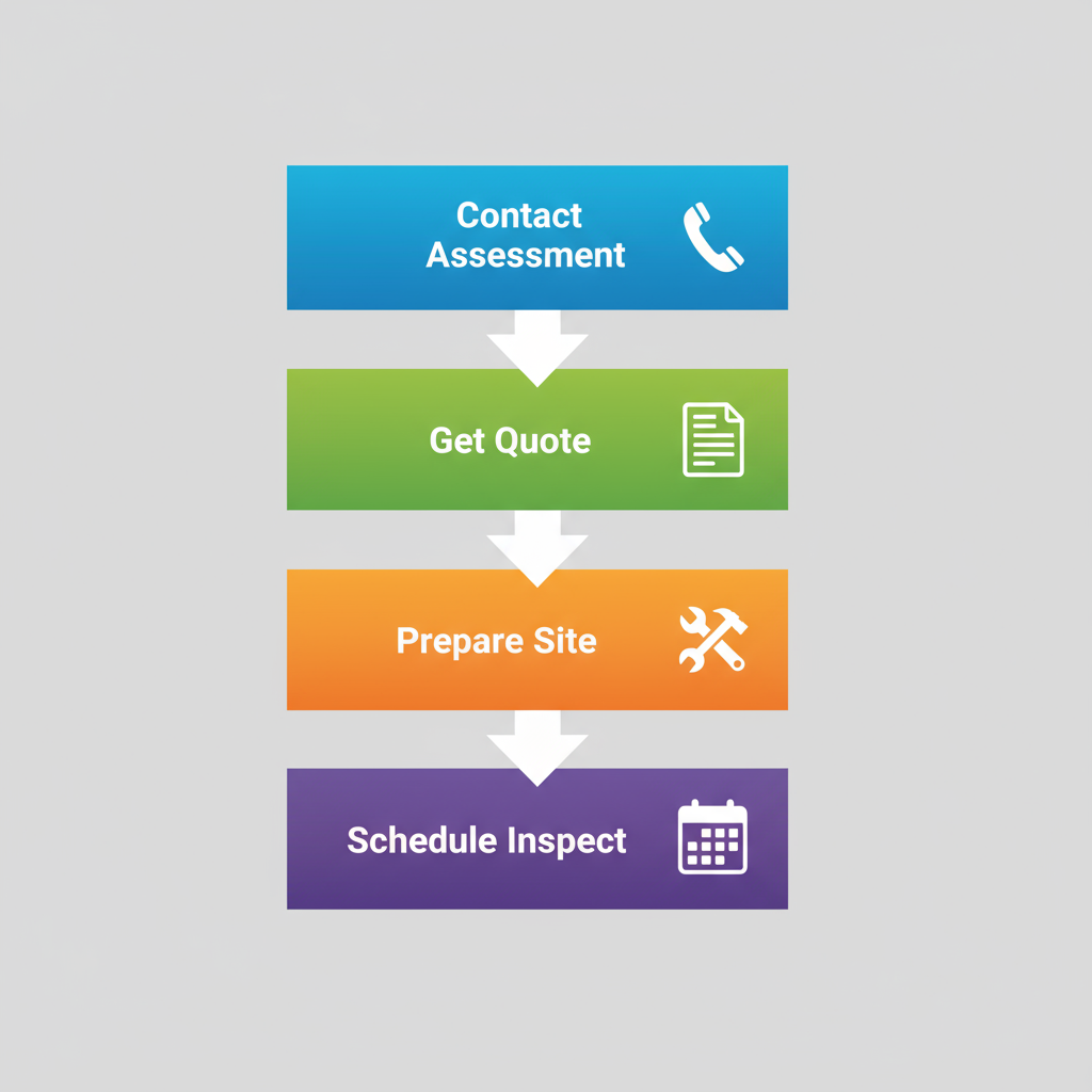 Vertical process flow diagram showing steps to secure electrical services with icons for contact, quote, preparation, and scheduling