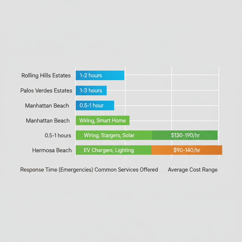 Horizontal bar chart comparing electrical service response times, common services, and average costs across South Bay areas