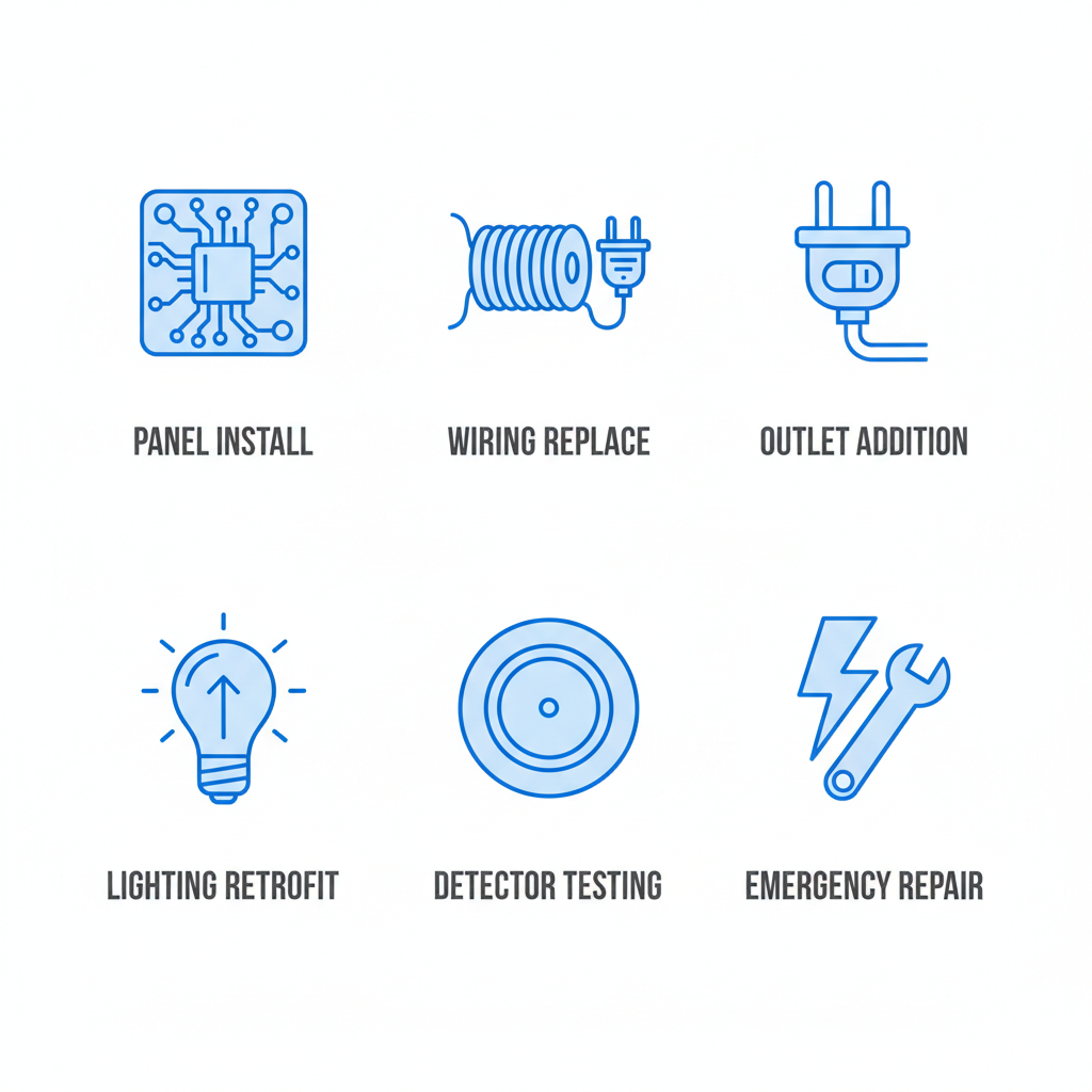 Set of icons depicting electrical services including panel installation, wiring, outlets, lighting, detectors, and troubleshooting