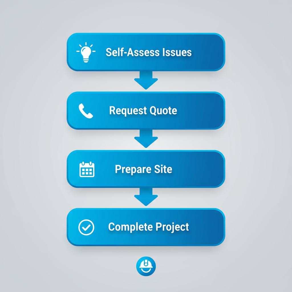 Vertical process flow diagram showing five stages to initiate an electrical project with icons: self-assess issues, request quote, prepare site, schedule service, complete project