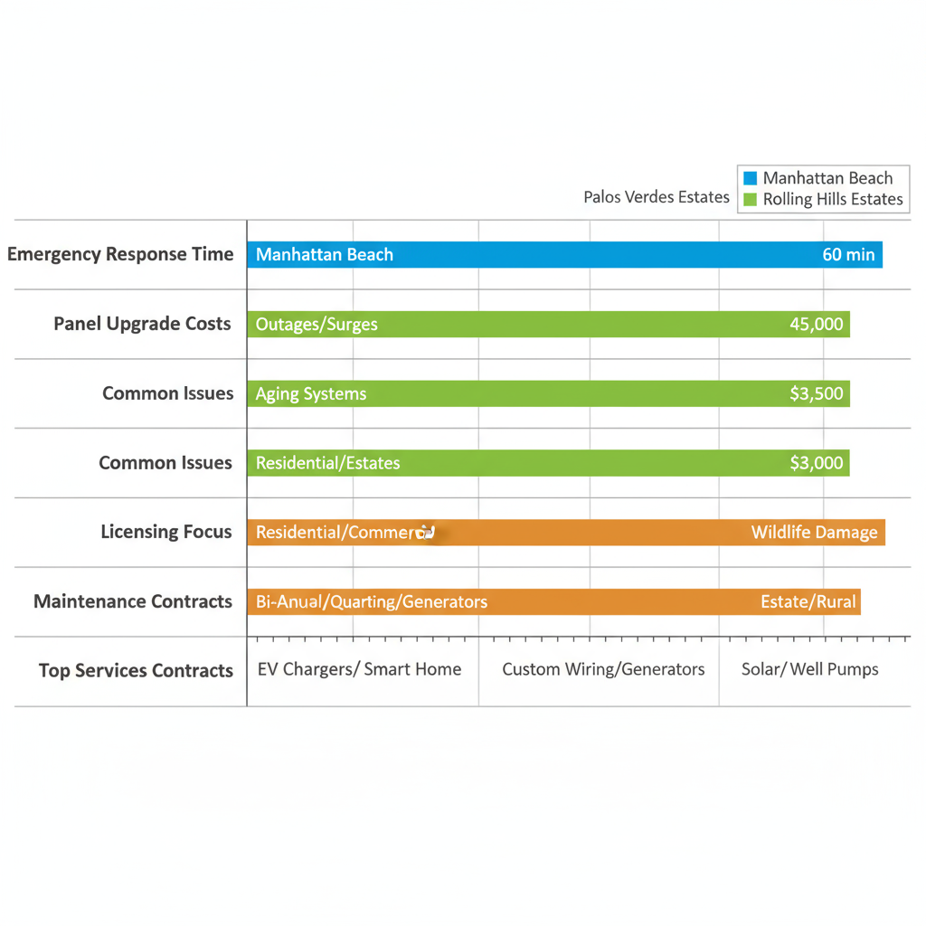 Horizontal bar chart comparing electrical service metrics in Manhattan Beach, Palos Verdes Estates, and Rolling Hills Estates