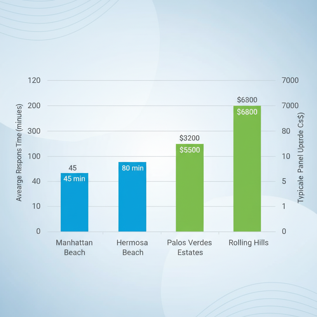 Bar chart comparing average electrical response times and panel upgrade costs across Manhattan Beach and surrounding neighborhoods