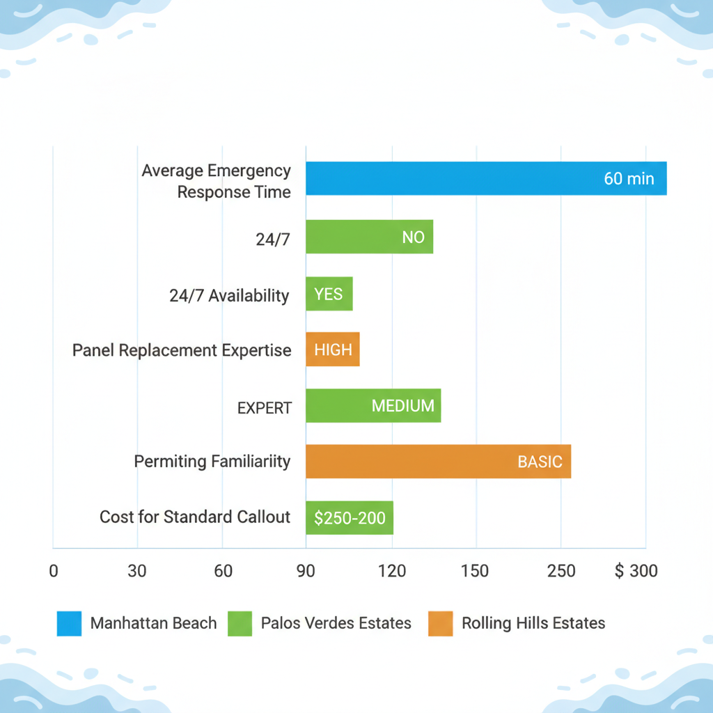 Horizontal grouped bar chart comparing key electrical service aspects like response time and availability across Manhattan Beach and neighboring areas