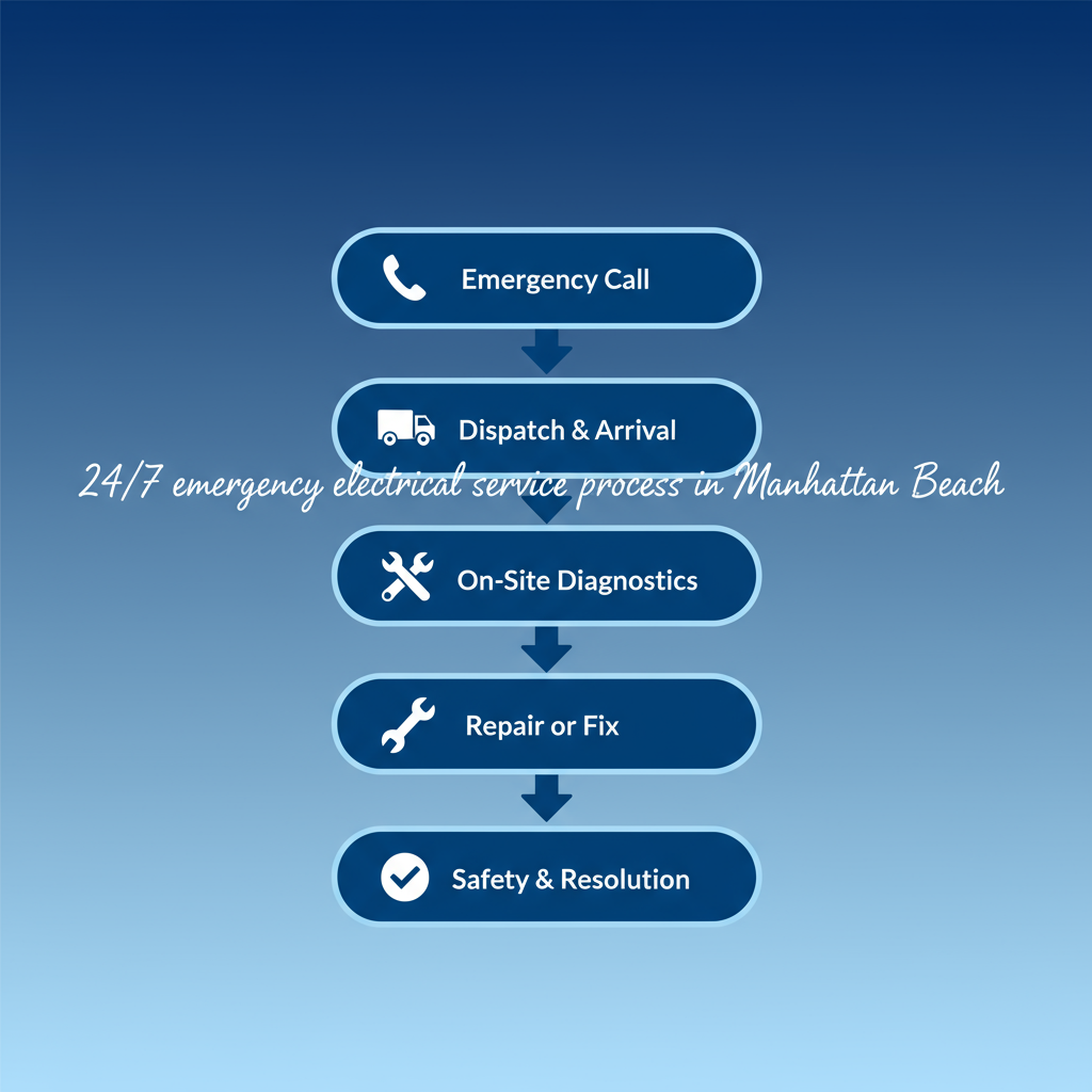 Vertical flowchart of 24/7 emergency electrical service process in Manhattan Beach, showing five stages from call to resolution with icons and short labels.