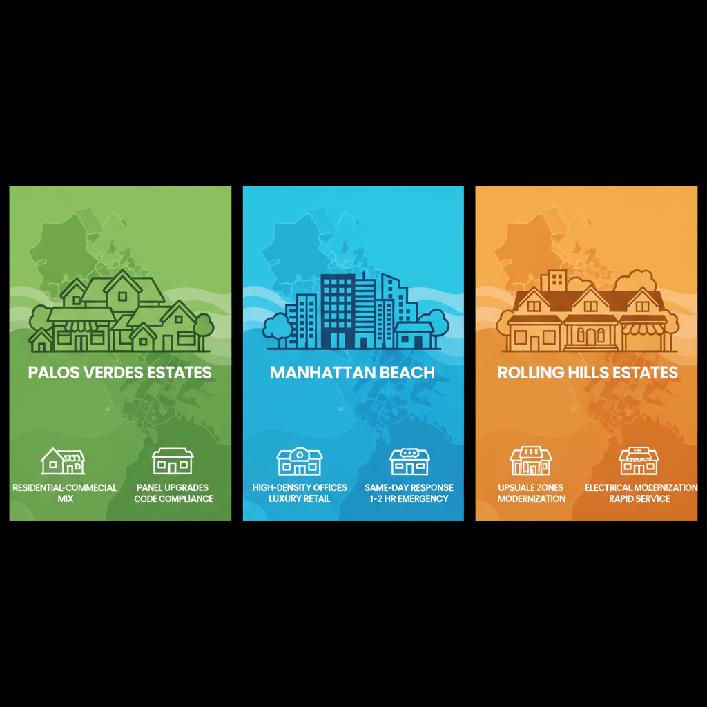 Infographic depicting commercial electrical services landscape in Manhattan Beach with surrounding areas and key metrics