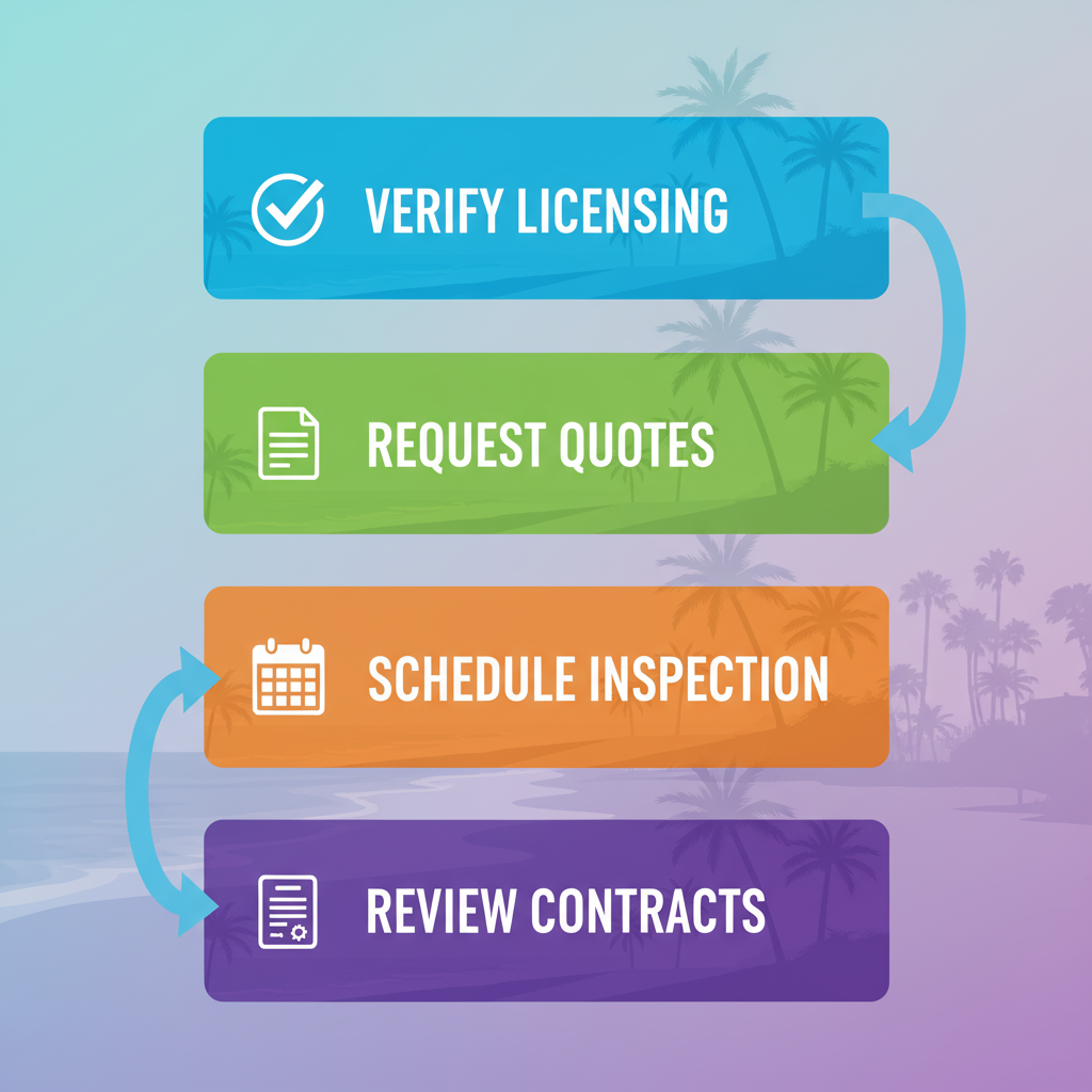 Vertical process flow diagram illustrating four steps to hire a commercial electrician in Manhattan Beach, featuring icons and color-coded stages with coastal accents.
