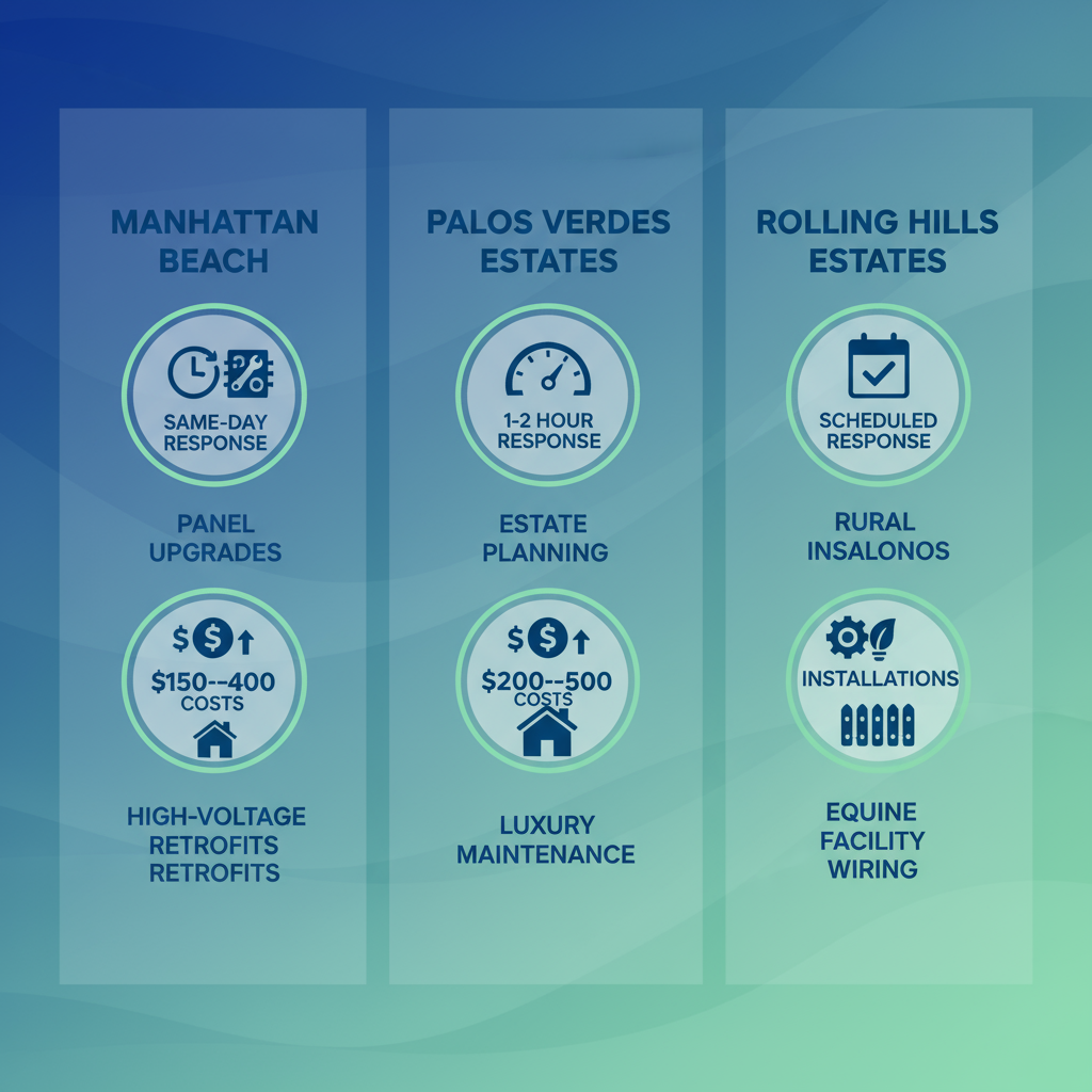 Infographic comparing electrical services, response times, costs, and offerings in Manhattan Beach, Palos Verdes Estates, and Rolling Hills Estates