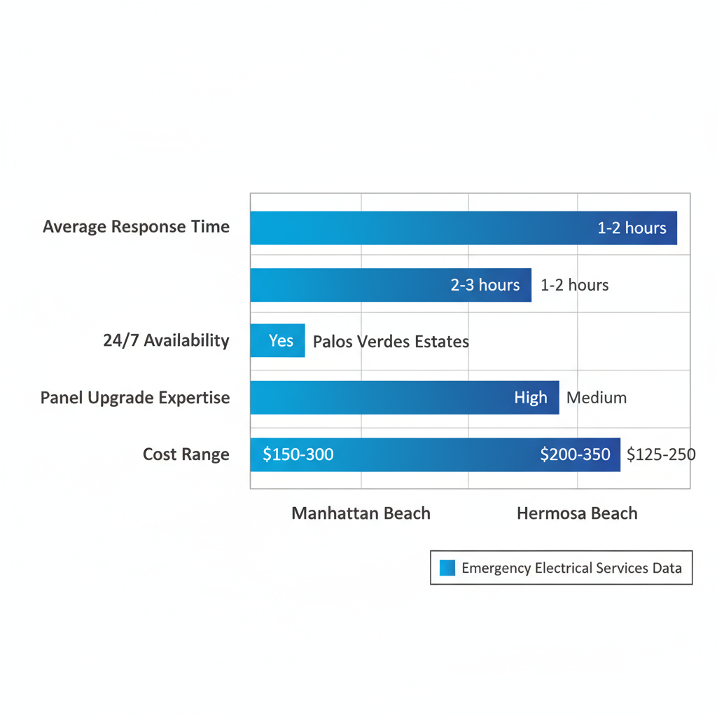Horizontal bar chart comparing emergency electrical service metrics across Manhattan Beach, Palos Verdes Estates, and Hermosa Beach including response time, availability, expertise, and costs