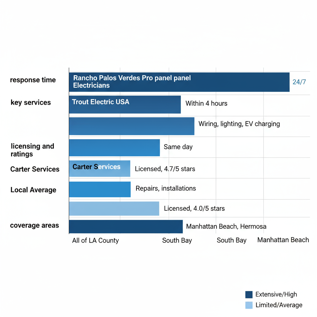 Horizontal bar chart comparing top commercial electricians in Manhattan Beach across response time, services, ratings, and coverage