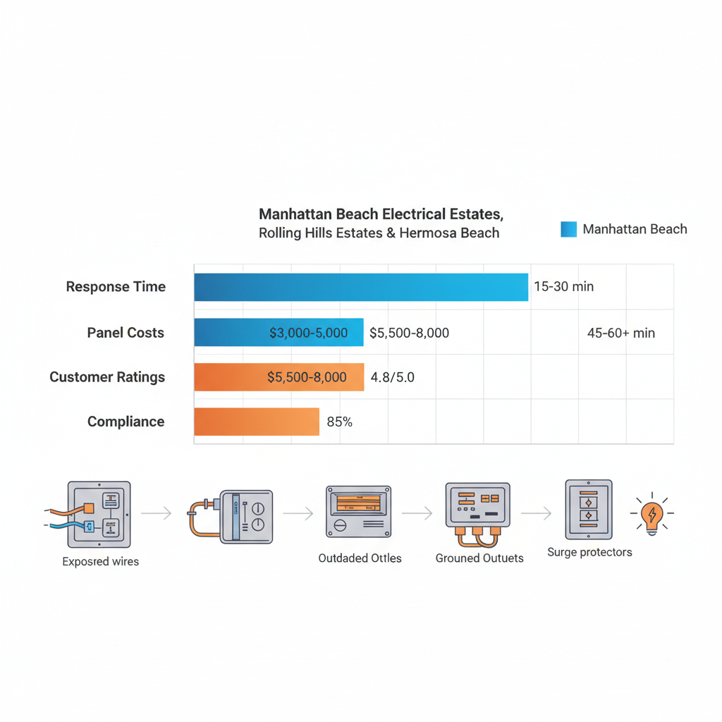 Horizontal bar chart comparing response time, panel costs, ratings, and compliance for electrical services in Manhattan Beach and nearby areas