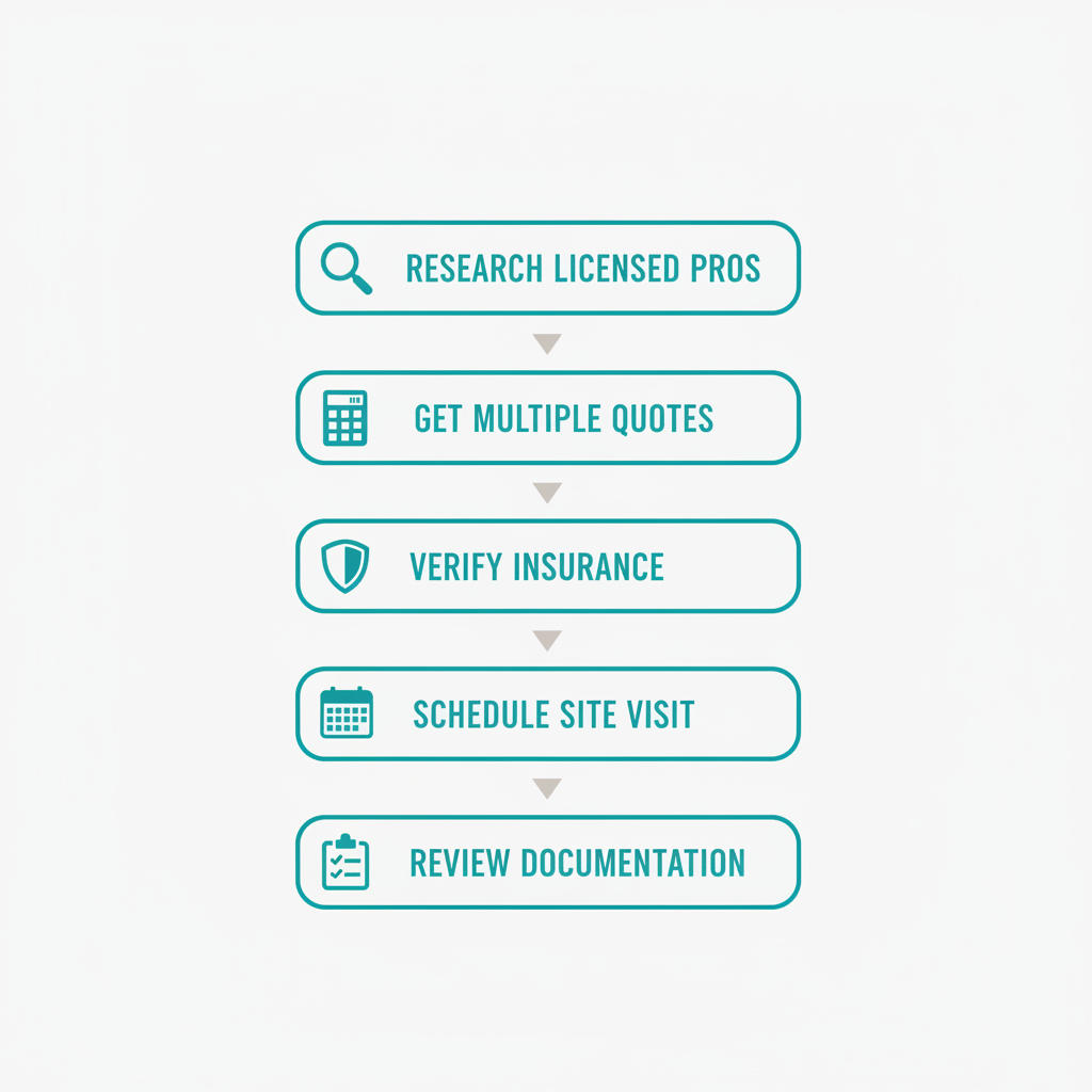 Vertical process flow diagram showing five steps to hire a local electrician with icons and arrows