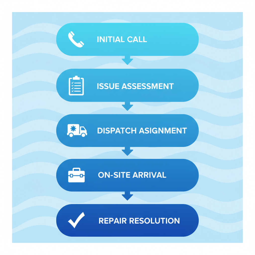 Vertical process flow diagram illustrating the 24/7 emergency electrical service dispatch process in Hermosa Beach with five key stages