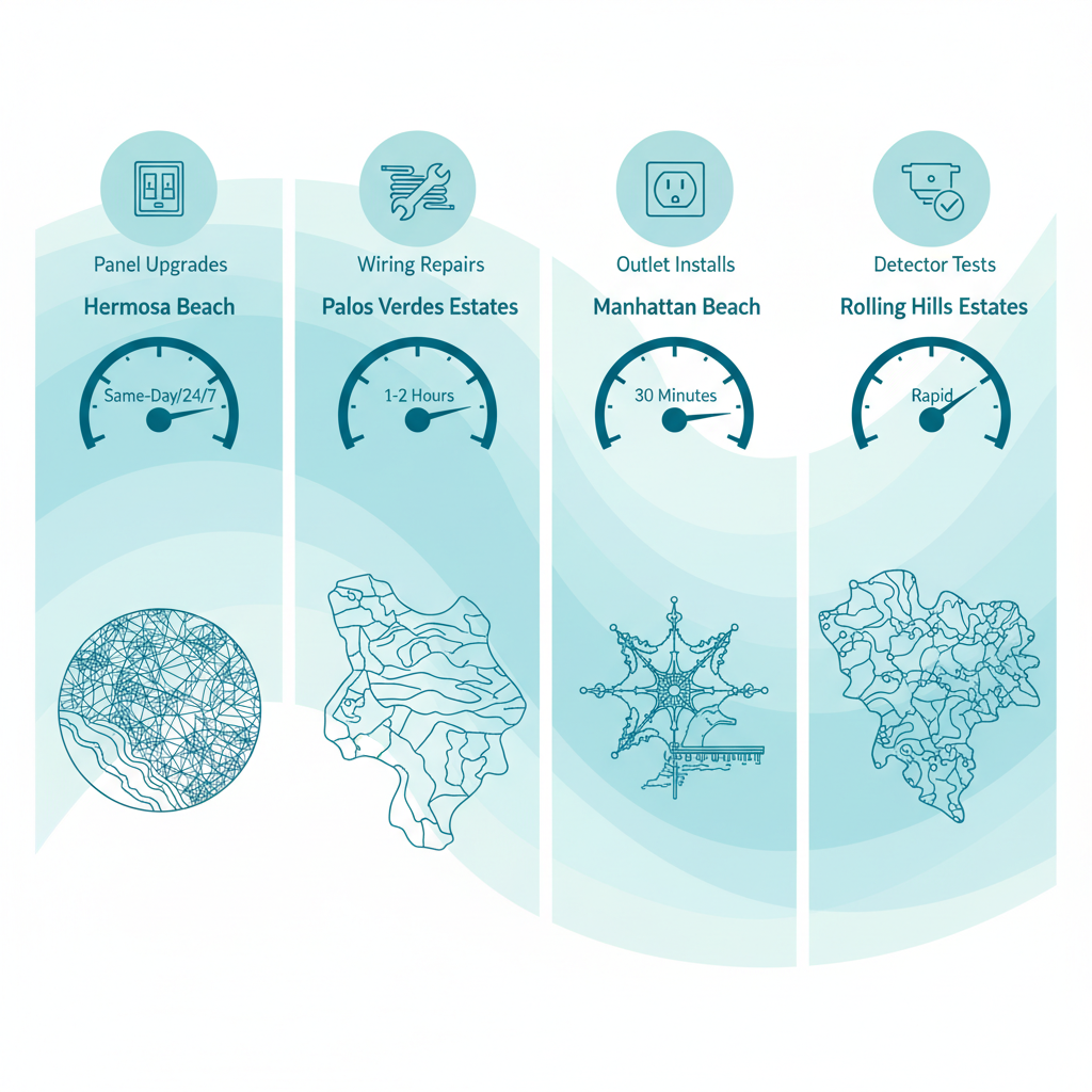 Data visualization comparing commercial electrical services, specialties, response times, and coverage in Hermosa Beach and nearby regions