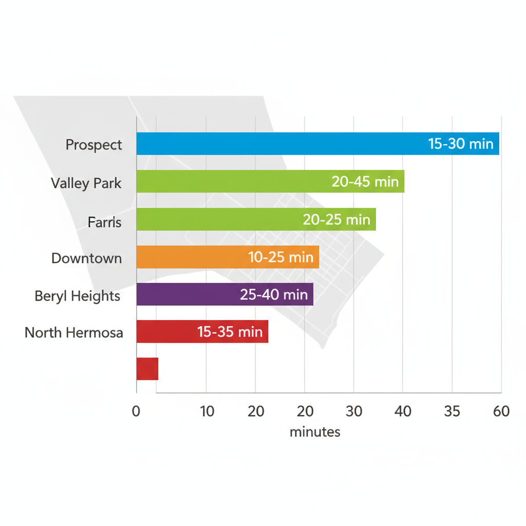 Horizontal bar chart showing average emergency response times by Hermosa Beach neighborhoods