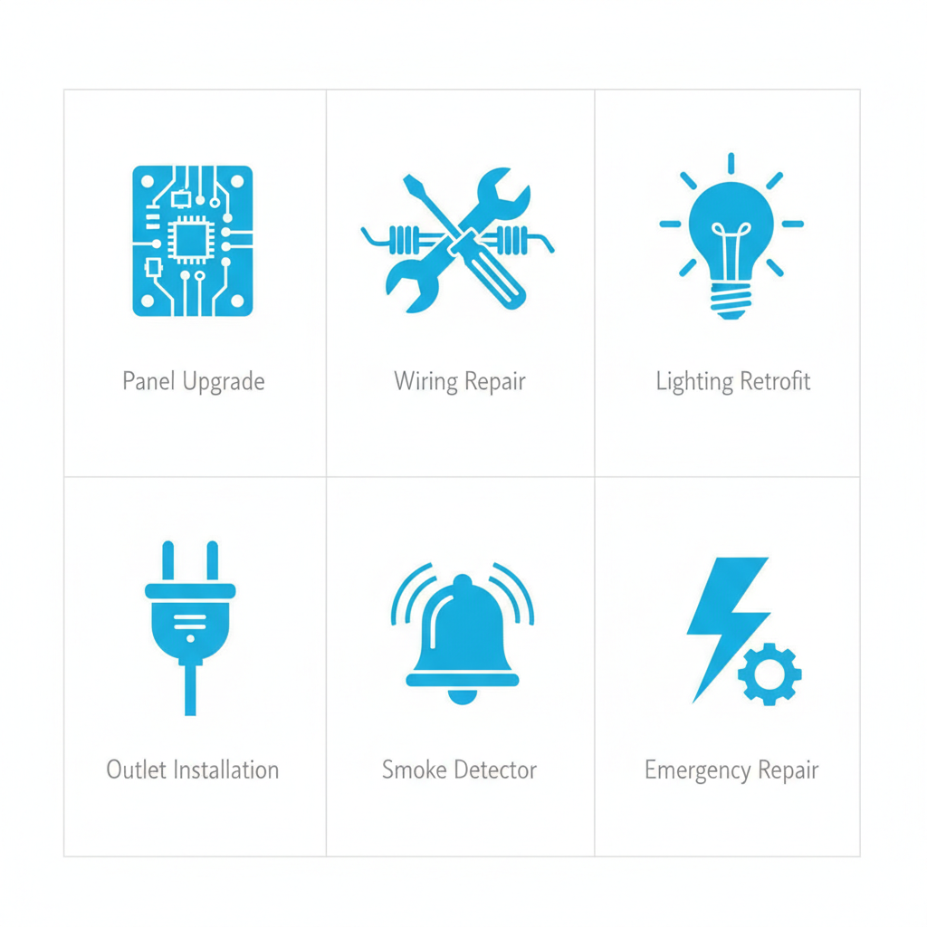 Grid of six icons depicting commercial electrical services: panel upgrade with circuit board, wiring repair with tools, lighting retrofit with bulb, outlet installation with plug, smoke detector with alarm, and emergency repair with lightning bolt.