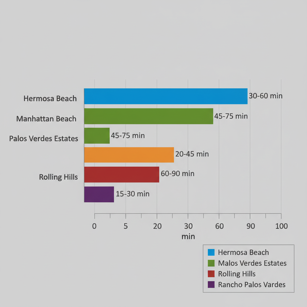 Horizontal bar chart comparing electrical emergency response times across South Bay areas including Hermosa Beach, Manhattan Beach, Palos Verdes Estates, Rolling Hills, and Rancho Palos Verdes.