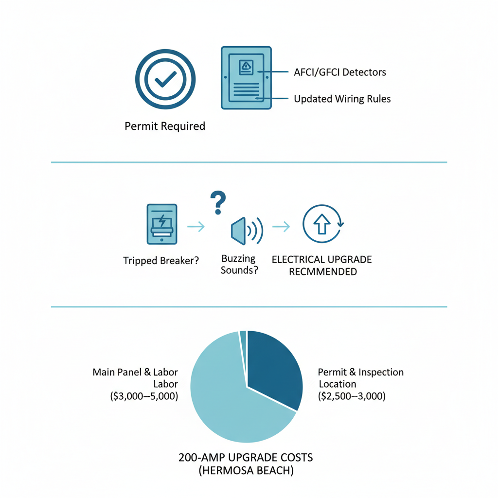 Infographic depicting electrical code icons, upgrade need signs, and upgrade cost breakdown in Hermosa Beach