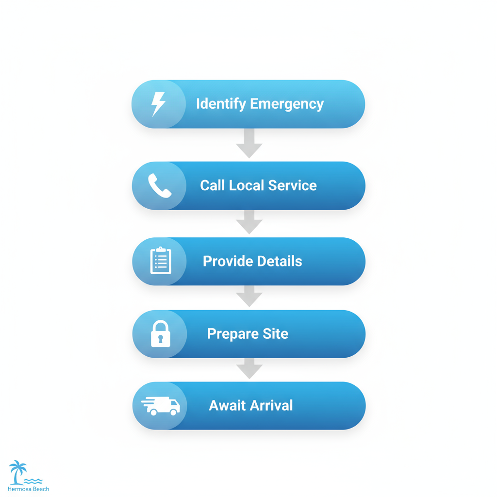 Vertical process flow diagram illustrating five steps to secure emergency electrical help: identify emergency, call local service, provide details, prepare site, await arrival and quote.