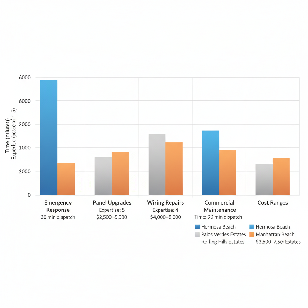 Bar chart comparing electrical services ratings and costs in Hermosa Beach versus neighboring areas