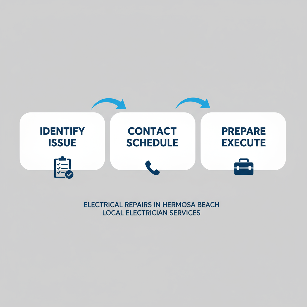 Horizontal process flow diagram illustrating three steps for initiating electrical repairs: identify issue with checklist, contact and schedule via phone, prepare and execute with toolbox.