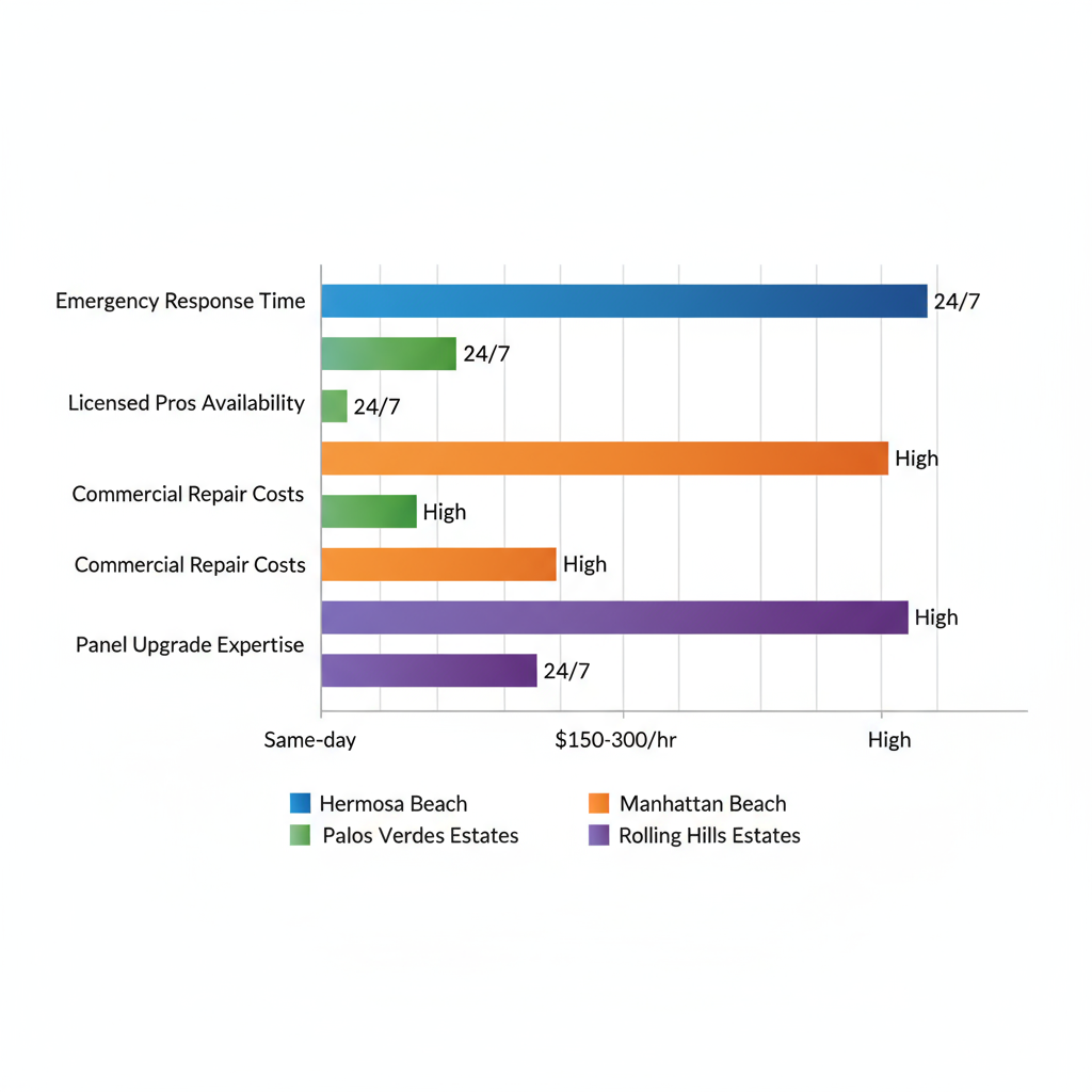 Horizontal bar chart comparing electrical services across Hermosa Beach and neighboring areas including emergency response, availability, costs, and expertise.