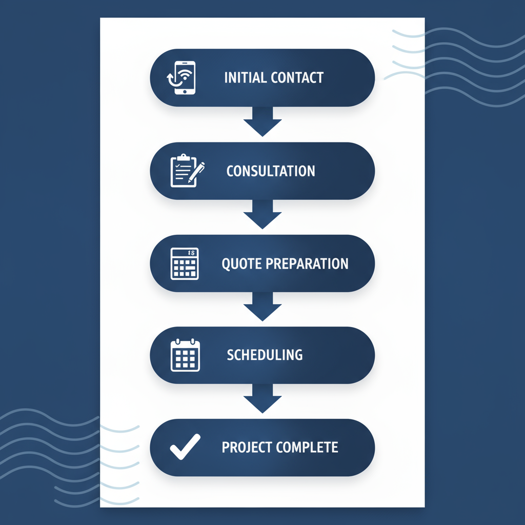 Vertical process flow diagram illustrating steps to hire a local electrician: contact, consultation, quote, scheduling, and completion with icons.