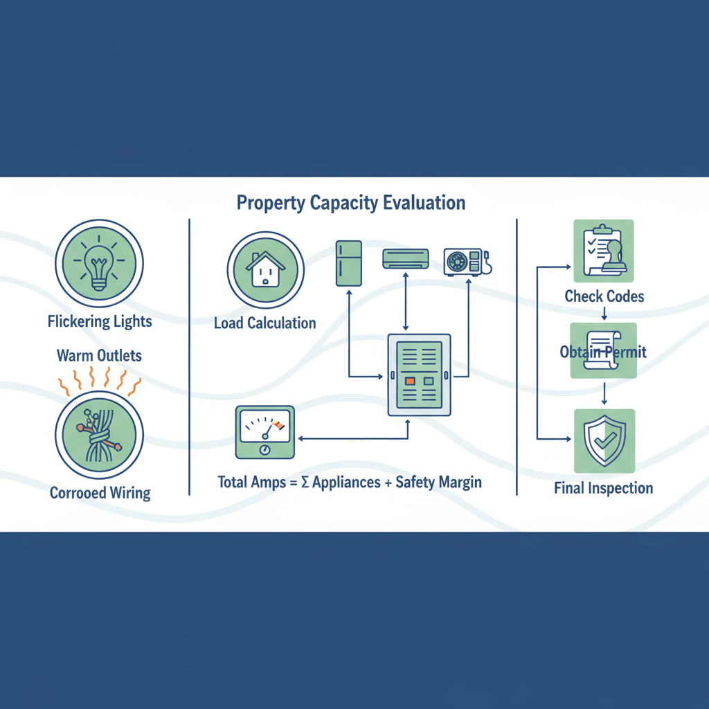 Infographic depicting electrical assessment process in coastal homes with sections on issues, capacity evaluation, and regulations.