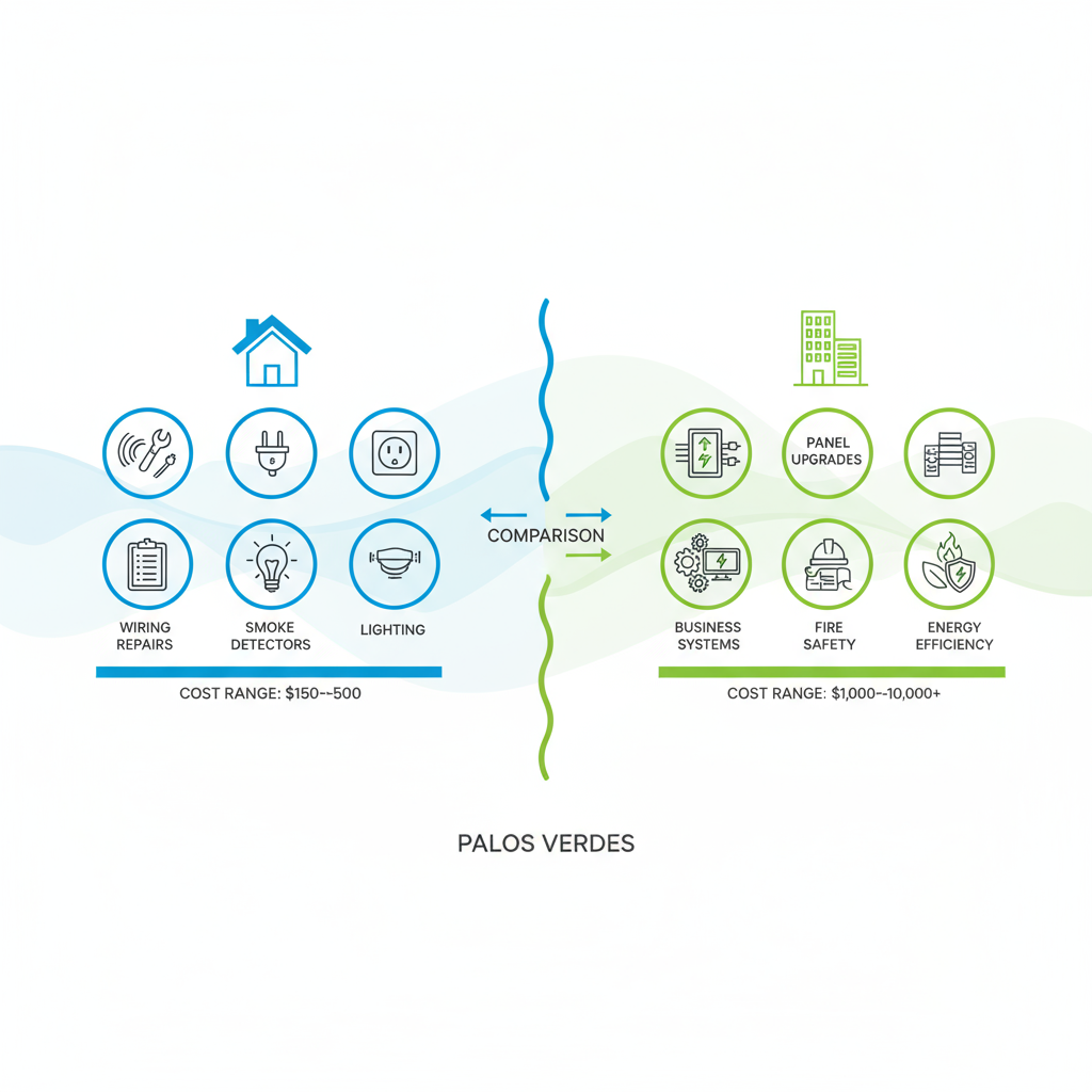 Infographic comparing residential and commercial electrical services and costs in Palos Verdes